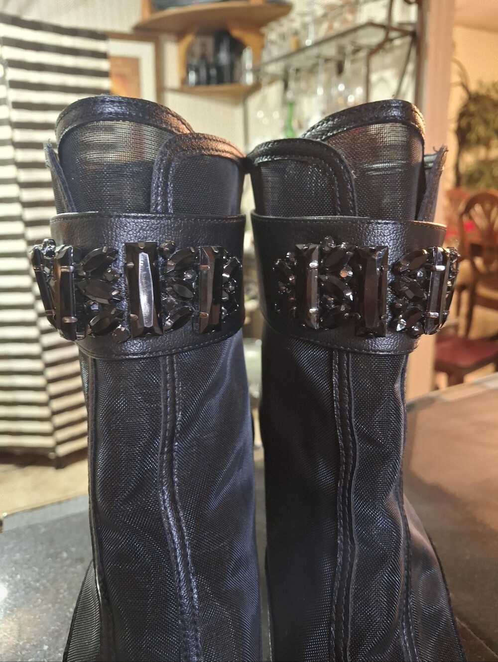 Karl Lagerfeld Black Sheer Mesh Jeweled Peep-Toe Stiletto Shoes Women Size 11 - Picture 9 of 16